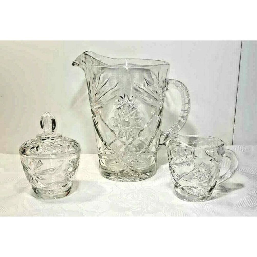 VINTAGE STAR OF DAVID ANCHOR HOCKING GLASS PITCHER SUGAR AND CREAMER SET